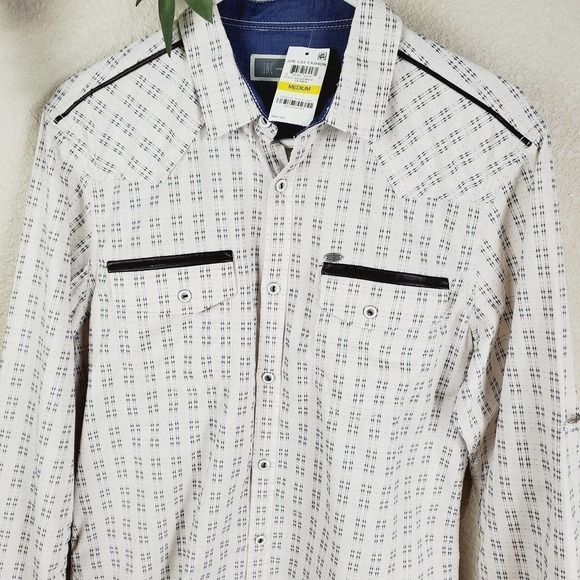 INC Style Oatmeal Faux Leather Trim Button-up Top - Picture 6 of 12